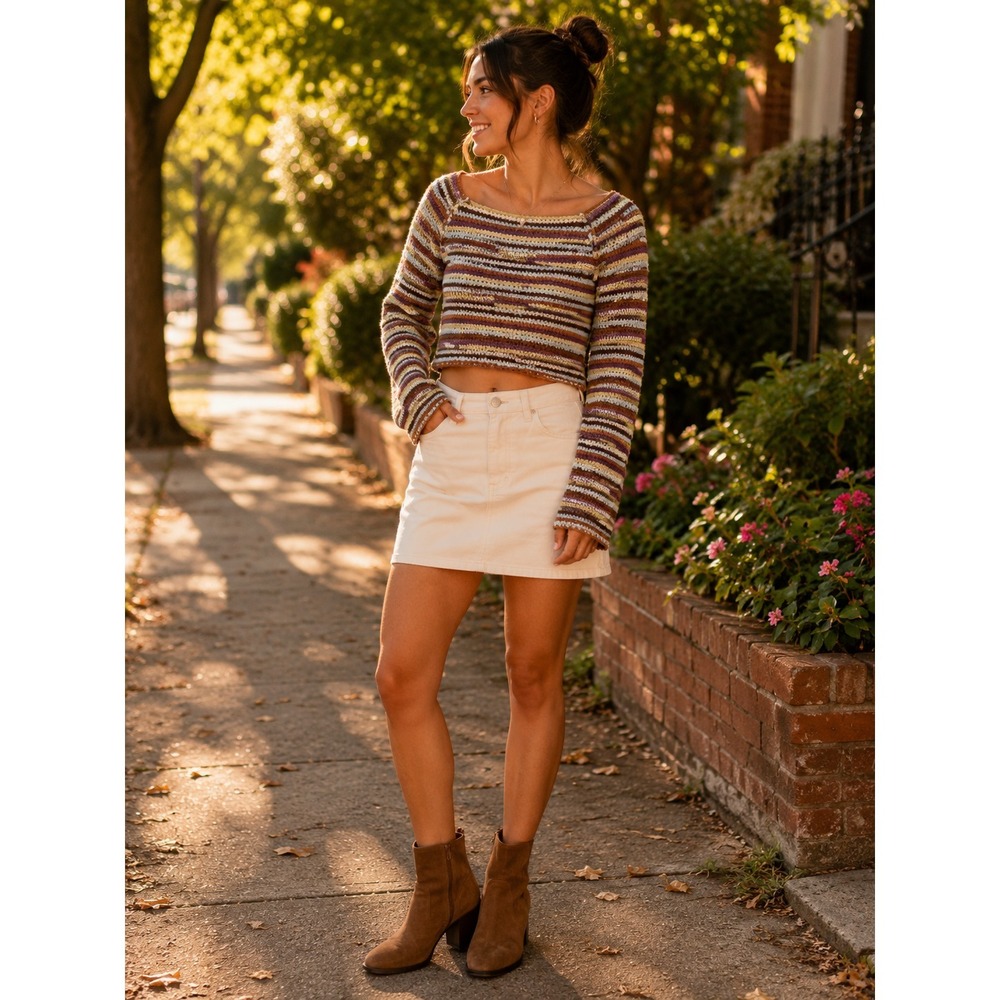 Altar'd State Striped Crochet Crop Sweater Multicolor Boho Bell Sleeves Size XL
